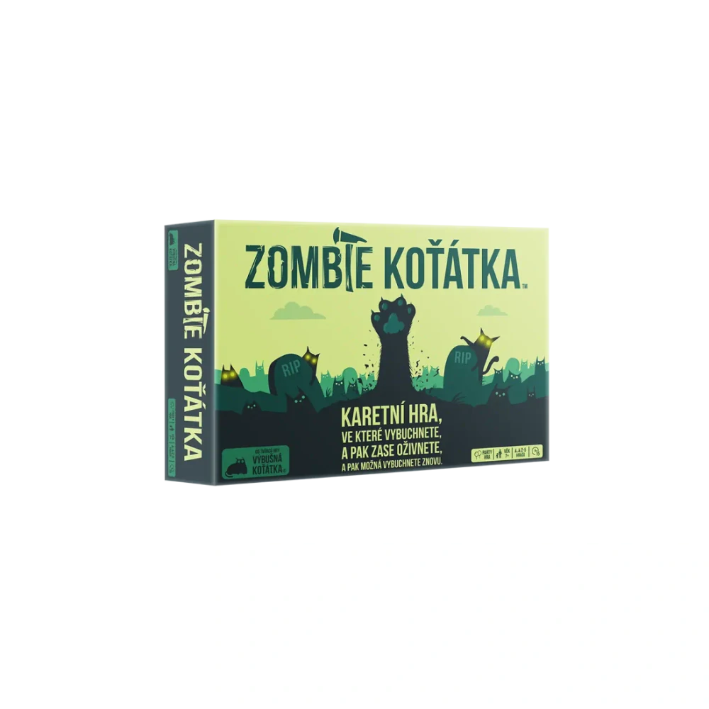 Výbušná koťátka: Zombie koťátka – přední strana krabice české karetní hry se zombie koťátky
