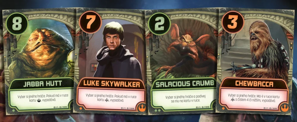 Ukázka karet postav ze hry Star Wars: Jabbův palác