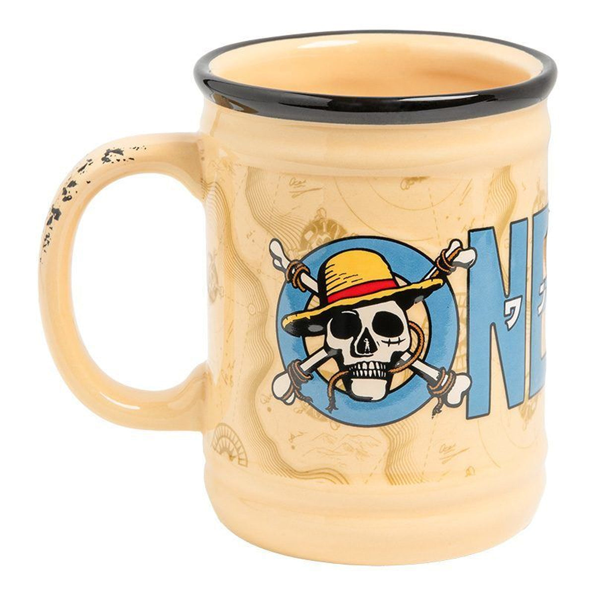 One Piece Shaped Mug Paladone PP14651OPNF – pohled na hrnek s logem a znakem Jolly Roger