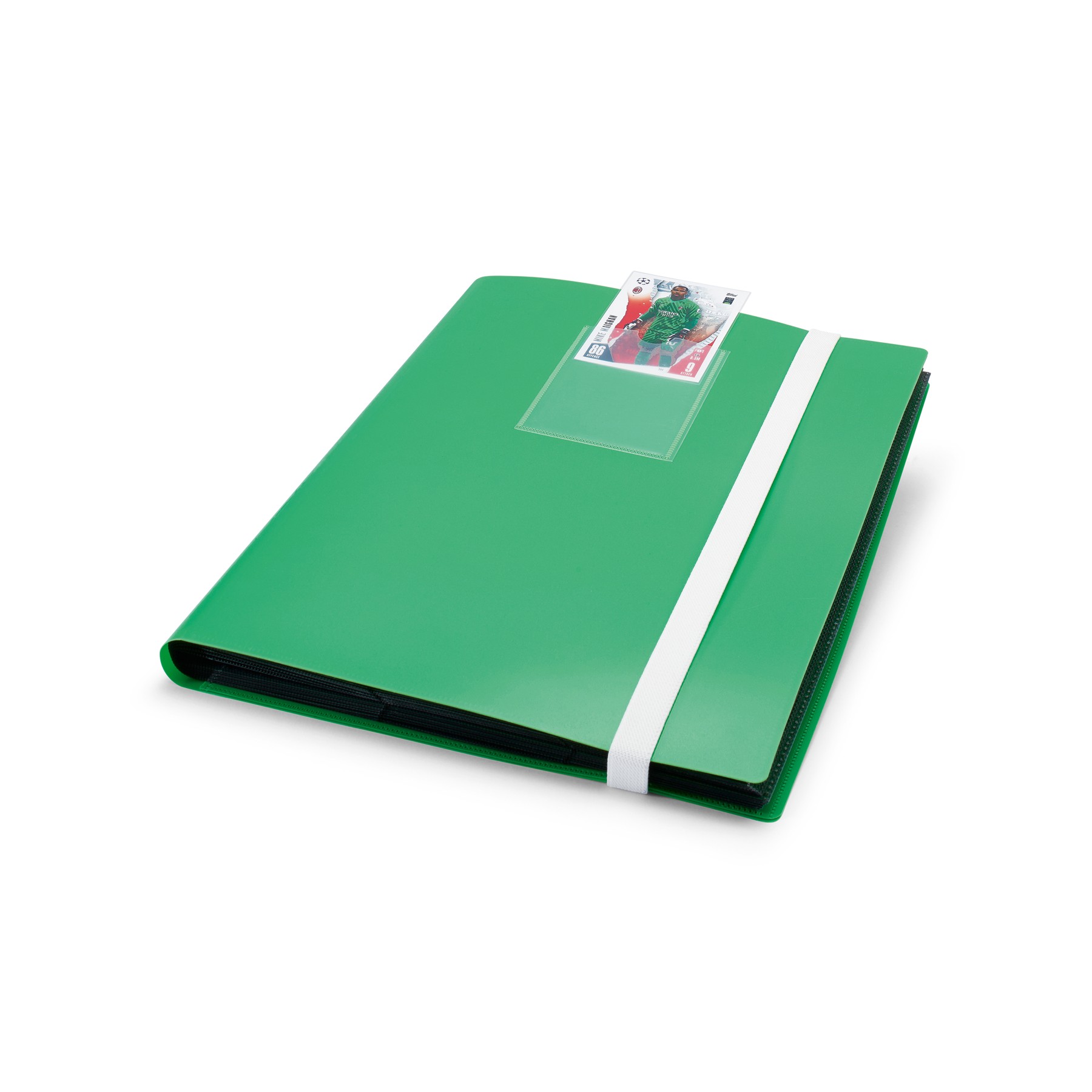 Pohled na album Leuchtturm Toni Slim z úhlu, zelené desky a elastická gumička