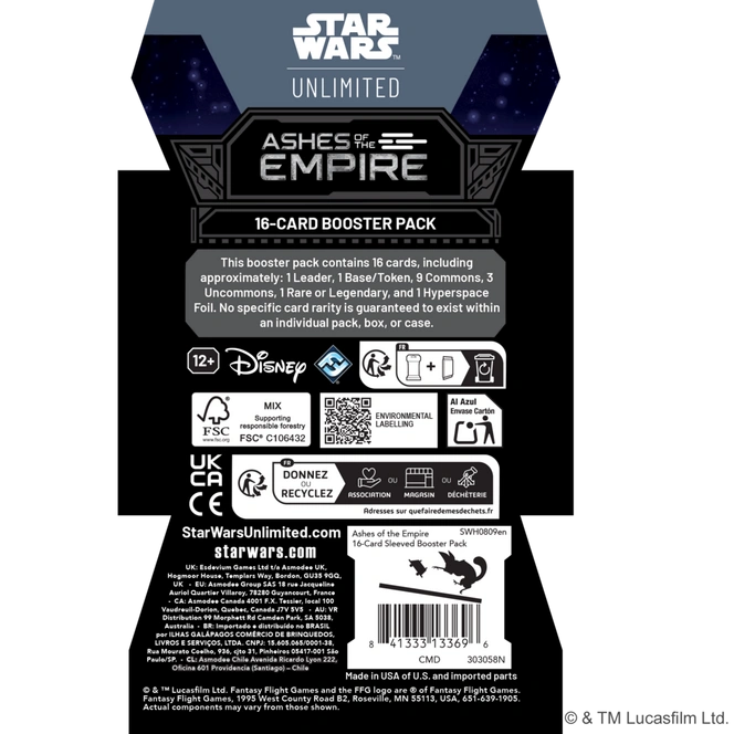 ZadnĂ­ strana balenĂ­ Star Wars: Unlimited â€“ Ashes of the Empire Booster (EN)