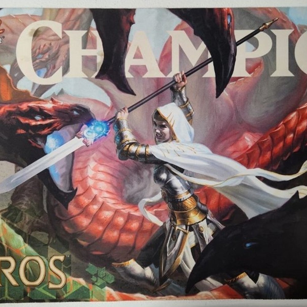 Detail ilustrace Elspeth a draka na hrací podložce Magic: The Gathering Theros Stand Among Heroes