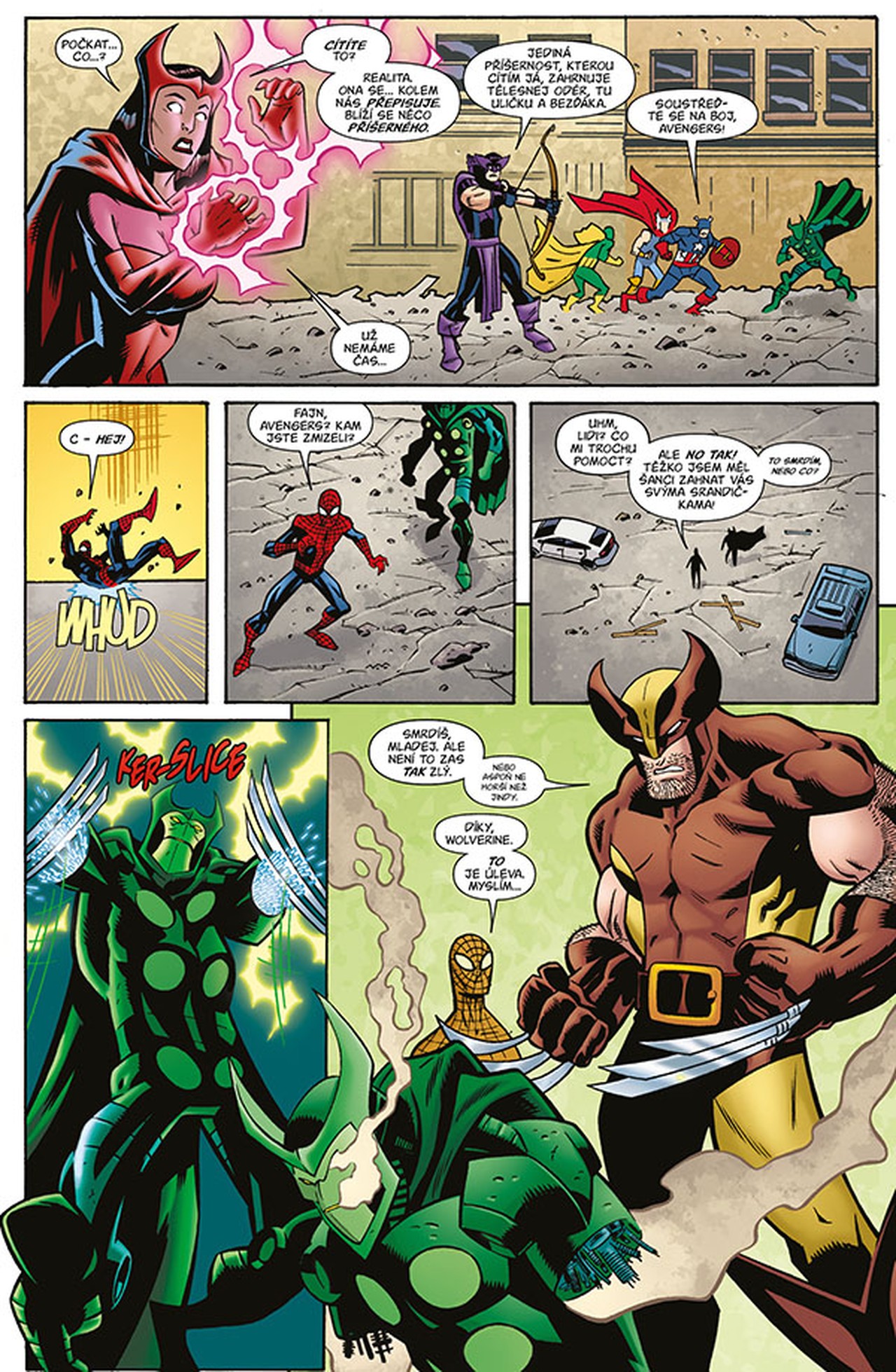 Můj první komiks – ukázková barevná stránka s Avengers a superhrdiny Marvel
