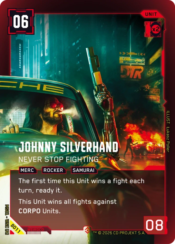 Cyberpunk TCG: Welcome to Night City – Beta – ukázková karta Johnny Silverhand, EN